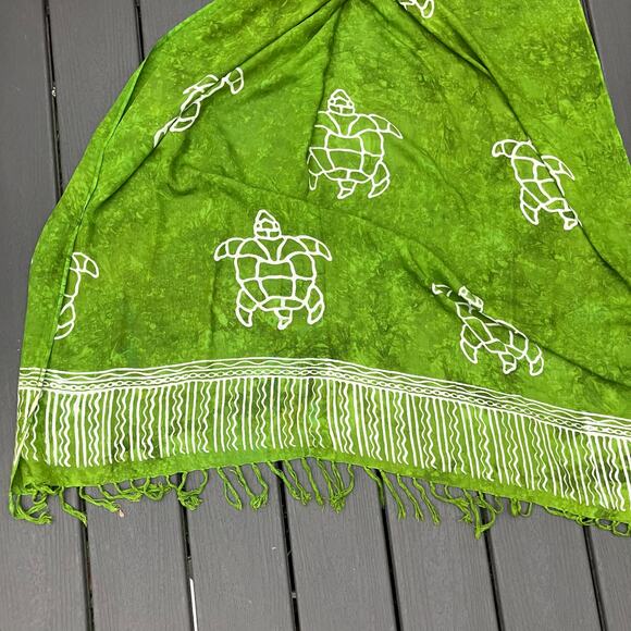 Green turtle rayon scarf shawl with fringe, bohemian hippie nautical coastal - Picture 3 of 5